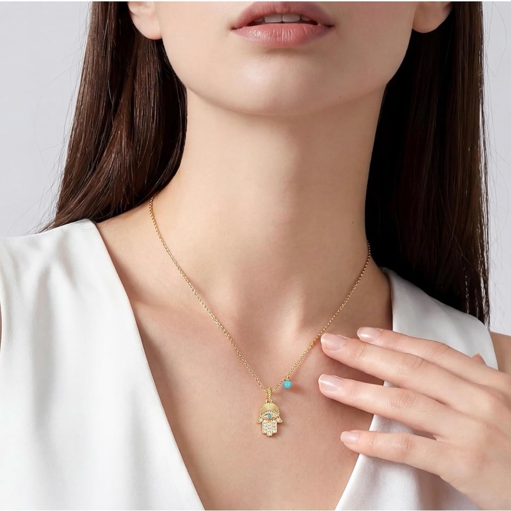 14K Gold Plated Cuban Zirconia Hamsa Eye Pendant Necklace with Turquoise Accent - Picture 2 of 3